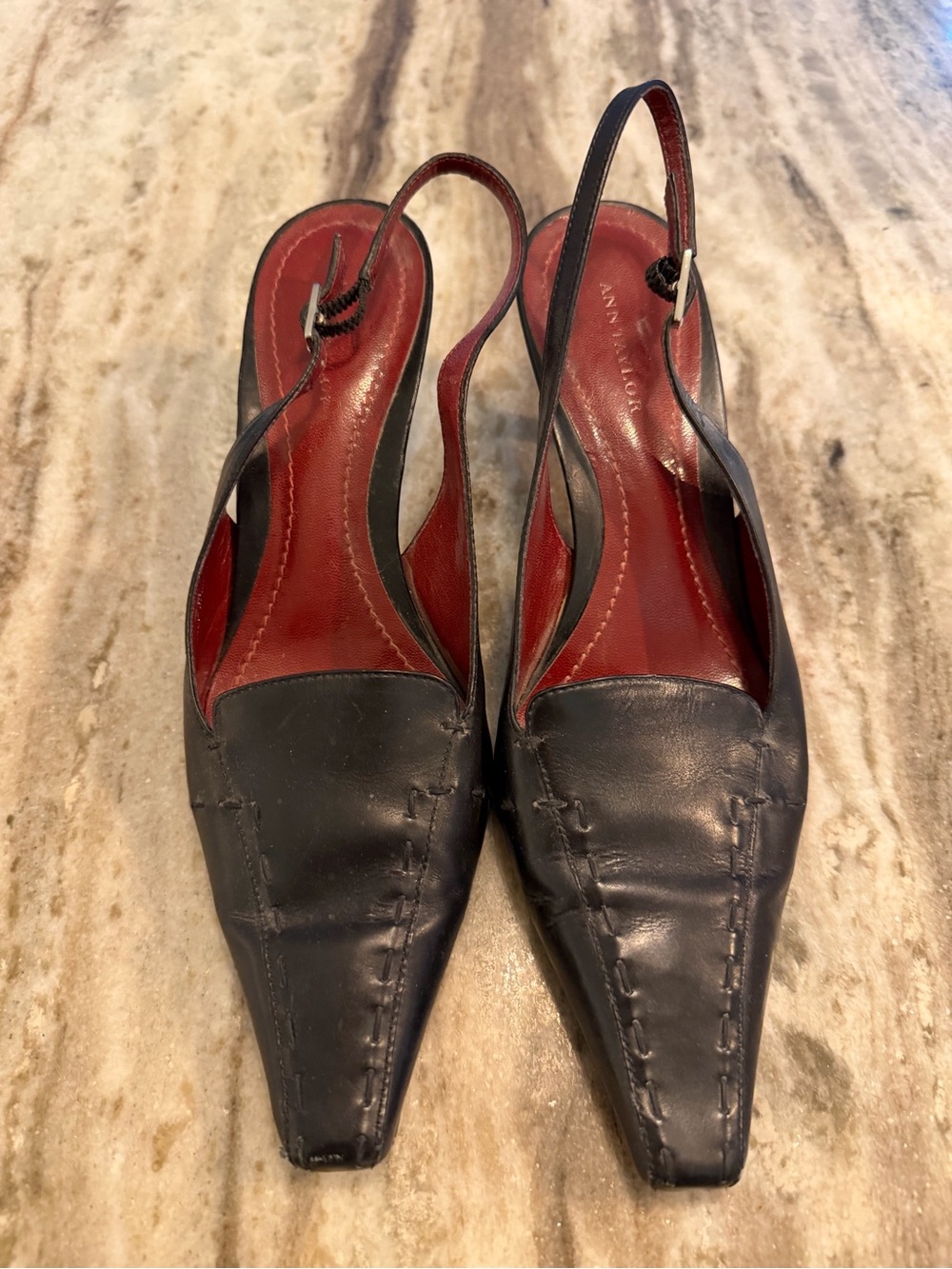 Ann Taylor Black Leather Slingback Mules with Red Insole